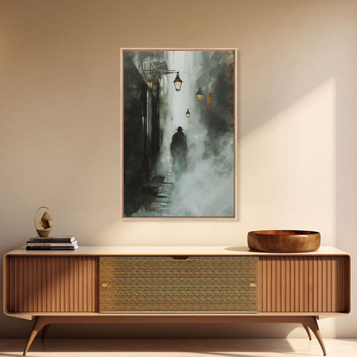 Mysterious Shadow in Fog, Halloween Art Print, Spooky Home Decor, Framed Canvas Print, Creepy Art, Halloween Wall Decor, Seasonal Wall Art