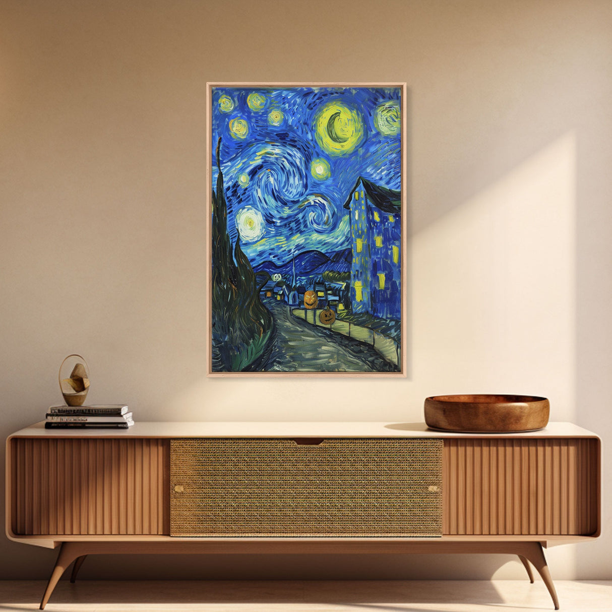 Starry Night Inspired Haunted Halloween Village Framed Canvas Print, Van Gogh Inspired, Spooky Season Halloween Art