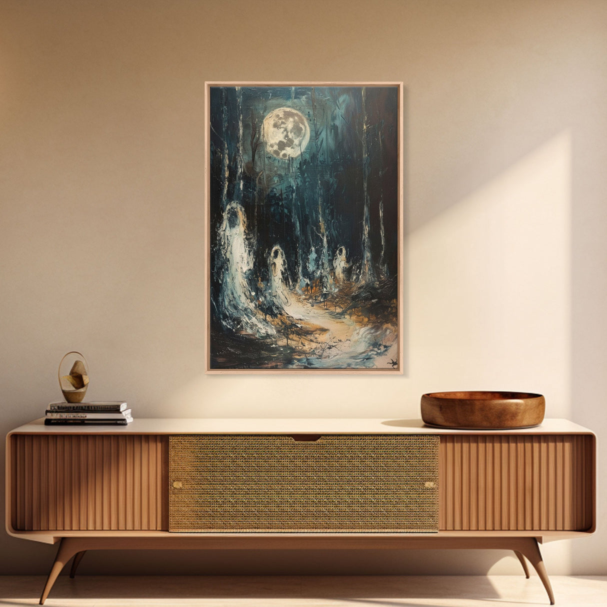 Ghostly Figures in Forest, Halloween Art Print, Spooky Home Decor, Framed Canvas Print, Creepy Art, Halloween Wall Decor, Seasonal Wall Art