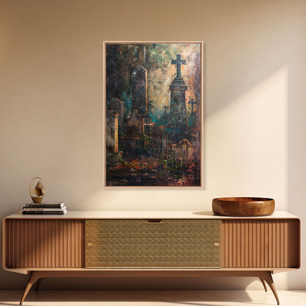 Gloomy Cemetery Halloween Art, Spooky Graveyard, Haunted Cemetery, Creepy Gravestones, Dark Artwork, Framed Canvas Print