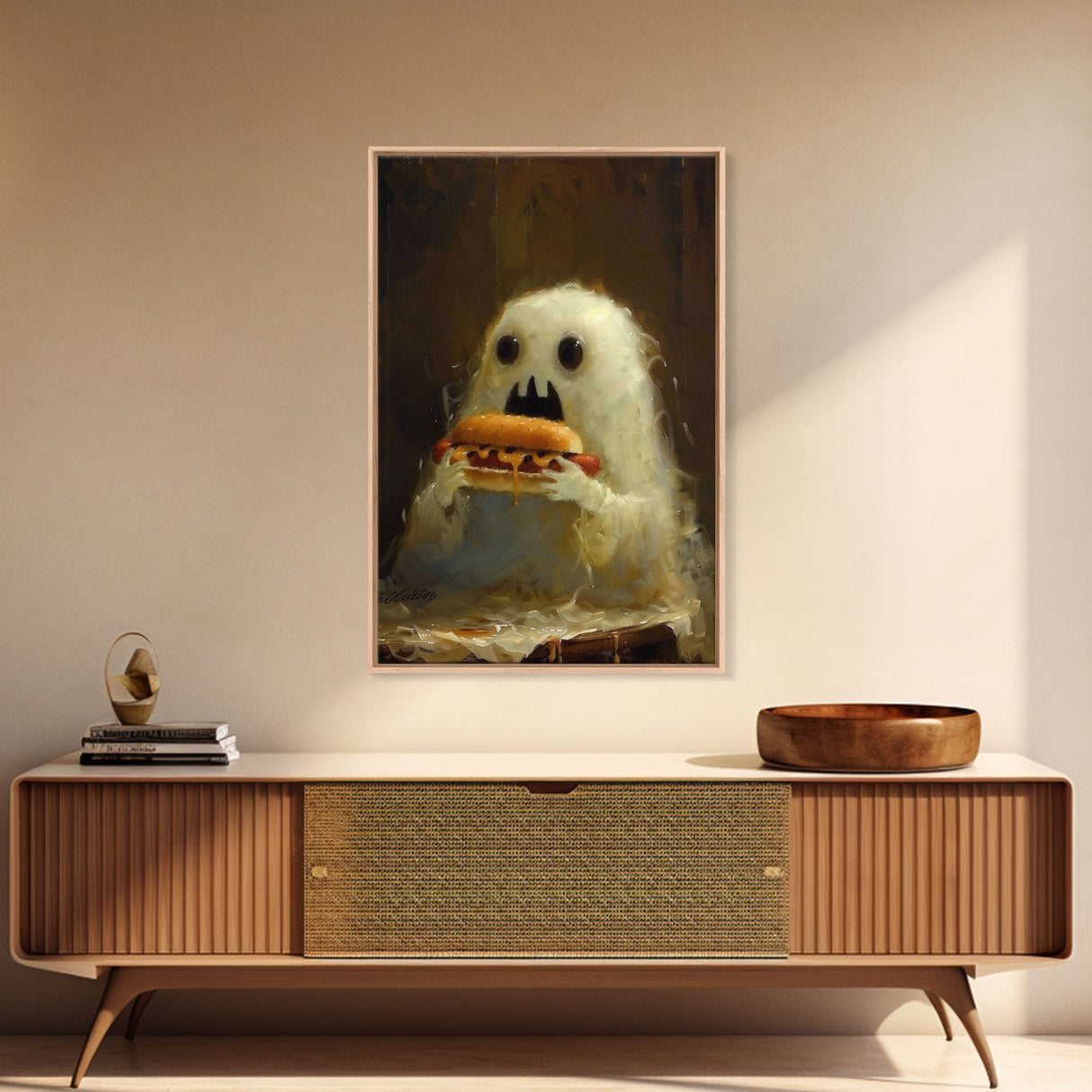 Cute Ghost Chompin on A Hot Dog, Ghostly Hot Dog Thief, Framed Canvas Print, Funny Halloween Spooky Season Art