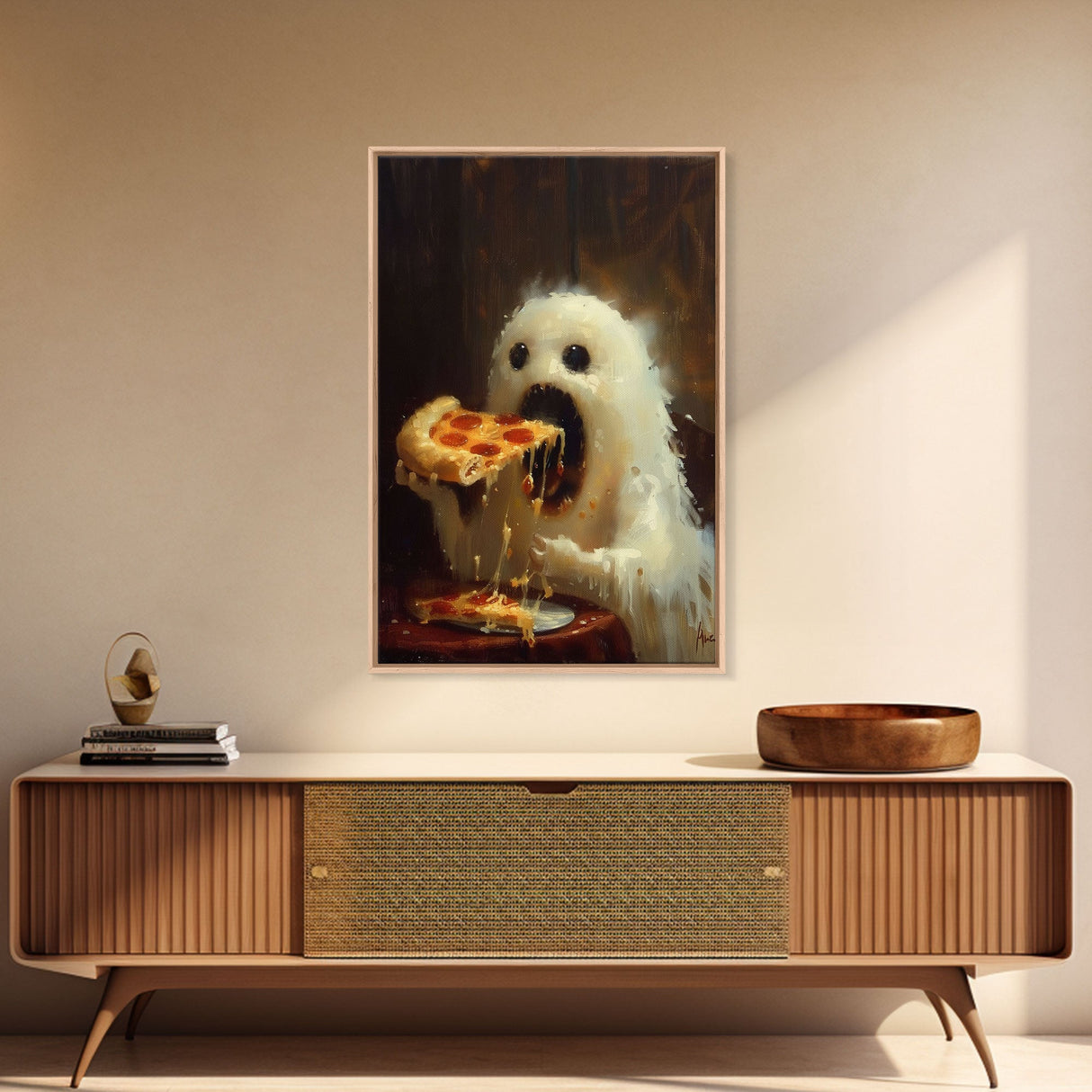 Cute Ghost Chompin on A Pizza, Ghostly Pizza Pirate, Framed Canvas Print, Funny Halloween Spooky Season Art