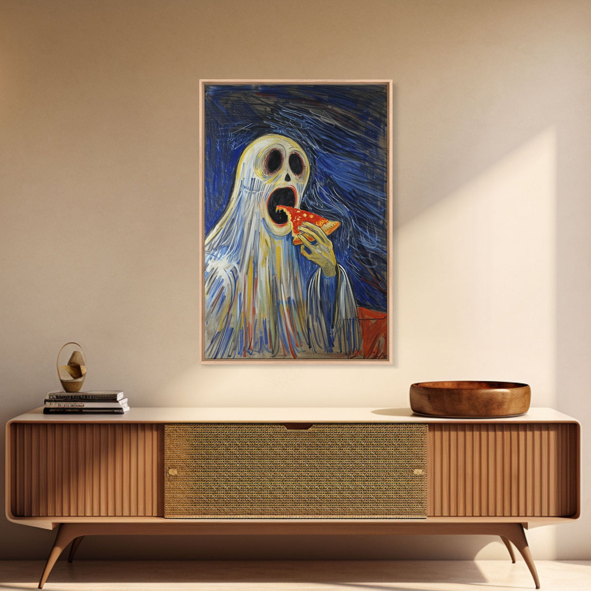 Spooky Ghost Eatin a Pizza, YUM! Funny Halloween Art