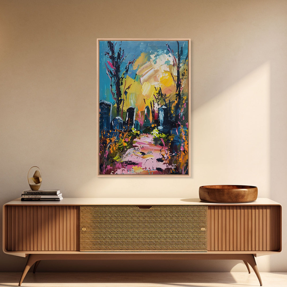 Colorful Haunted Cemetary, Springtime Halloween Mashup, Spooky Season Vibes, Framed Canvas Print, Haunted Graveyard