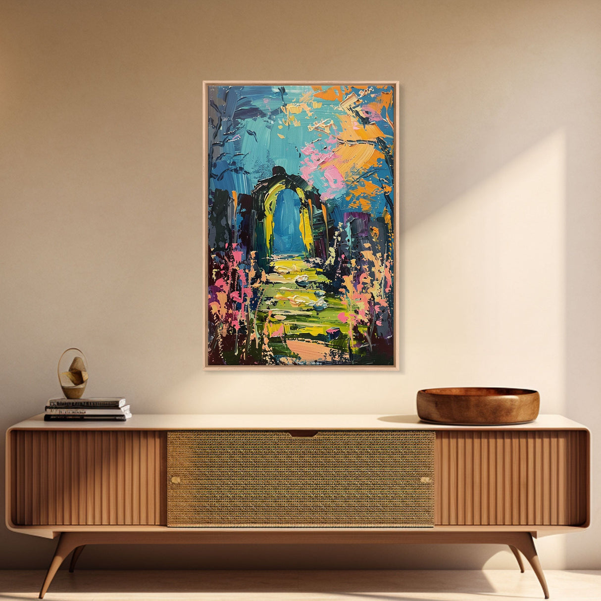 Enchanted Path Framed Canvas Print, Halloween Art, Spooky Garden, Haunted Walkway, Fall Decor Gothic Decor, Ghostly Archway, Eerie Landscape