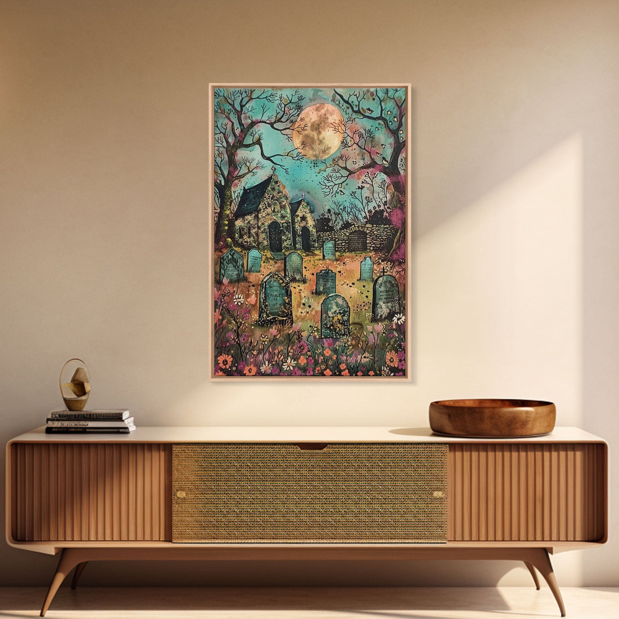 Haunted Churchyard Framed Canvas Print, Halloween Art, Gothic Cemetery, Spooky Church, Haunted Scene, Eerie Moonlight, Halloween Decor