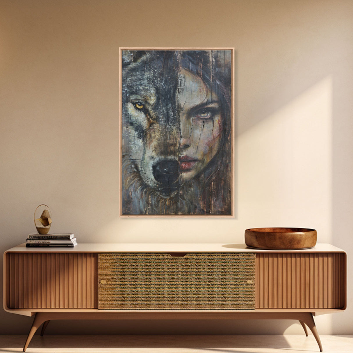 Half Witch Half Wolf, Double Exposure, Unique Halloween Art Framed Canvas Print, Halloween Products, Spooky Witch Poster Art