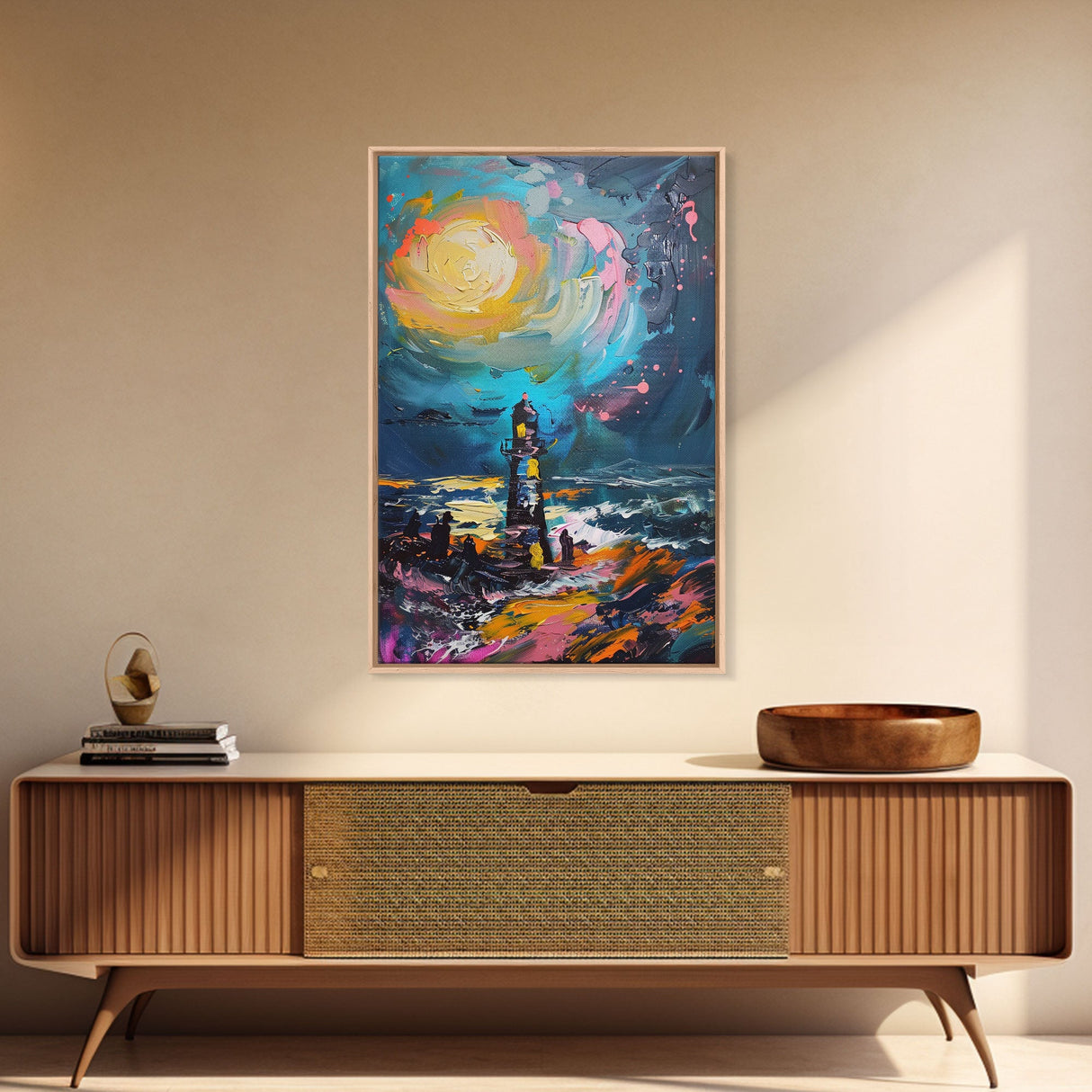 Moonlit Lighthouse Framed Canvas Print, Halloween Wall Art, Haunted Lighthouse Art, Spooky Night Decor Ocean Horror Art Halloween Home Decor