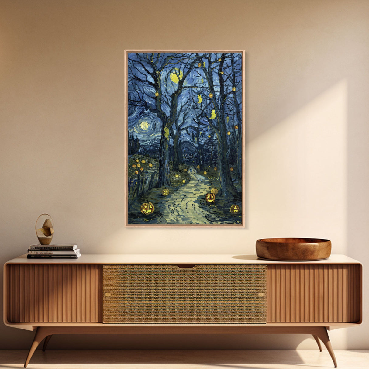 Dark Steamy Train at Night Framed Canvas Print, Halloween Wall Art, Spooky Train Station Decor, Haunted Transportation Artwork, Ghostly Art