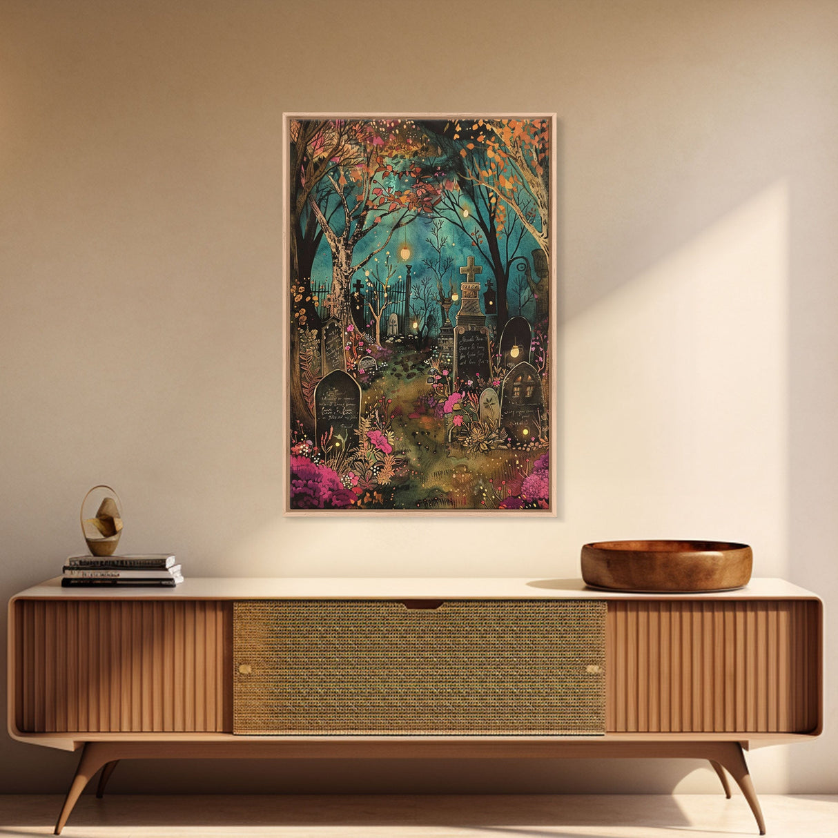 Gate to Haunted Cemetery Framed Canvas Print, Wall Art, Spooky Graveyard Art, Eerie Home Decor, Halloween Forest Painting, Spooky Graveyard