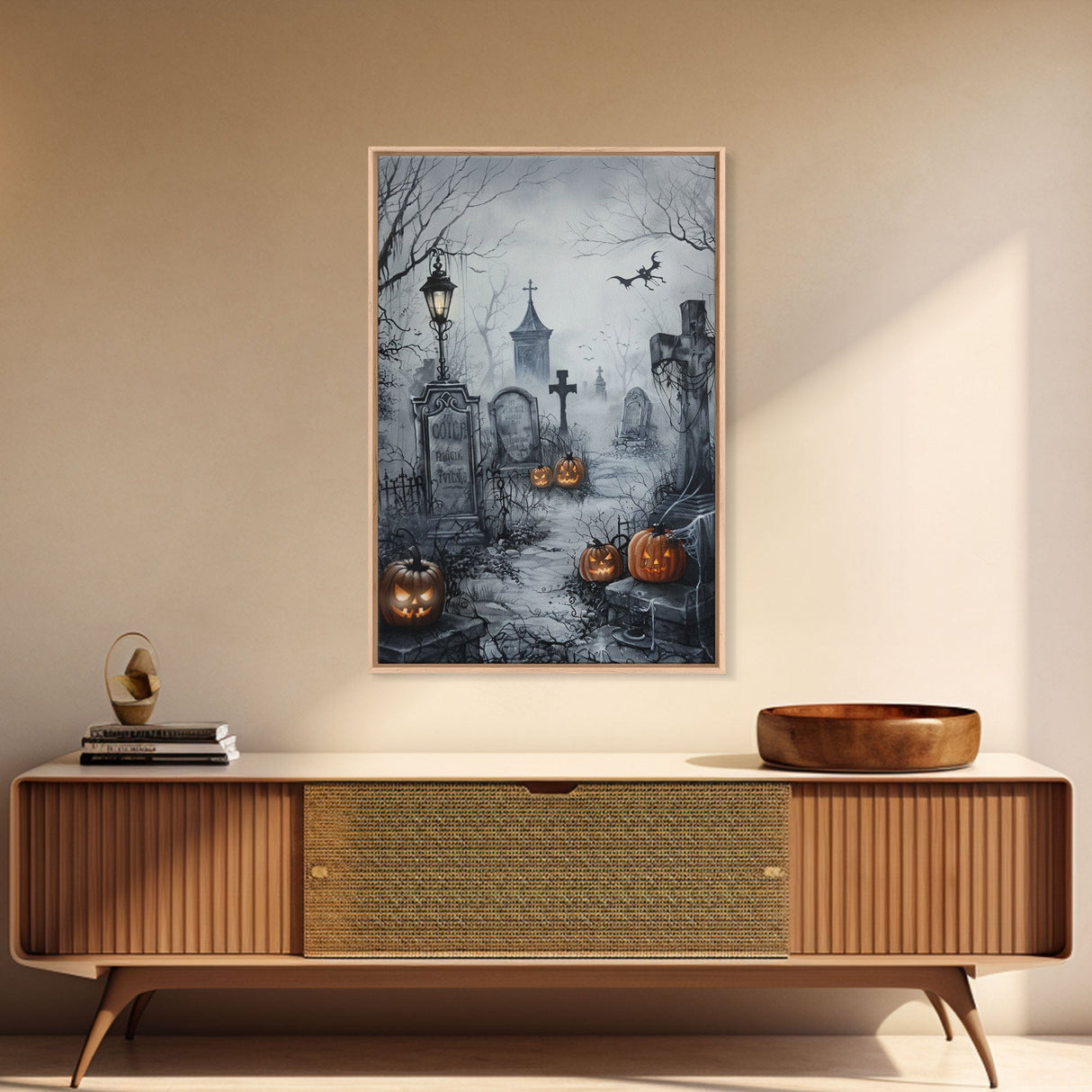Eerie Graveyard with Pumpkins Framed Canvas Print, Halloween Wall Art, Spooky Cemetery, Home Decor, Gothic Artwork, Living Room Art, Creepy