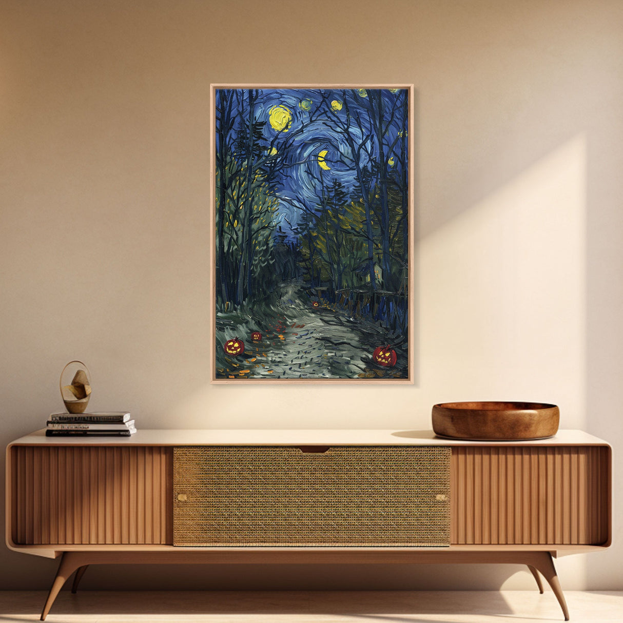 Dark Forest Path with Pumpkins Framed Canvas Print, Halloween Wall Art, Starry Night Inspired, Home Decor, Spooky Art, Living Room Decor