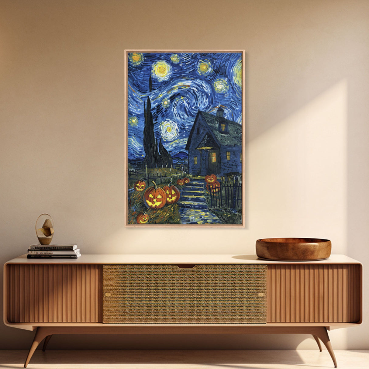 Spooky Starry Night with Jack-O-Lanterns Framed Canvas Print, Halloween Wall Art, Starry Night Inspired, Home Decor, Spooky Art, Living Room