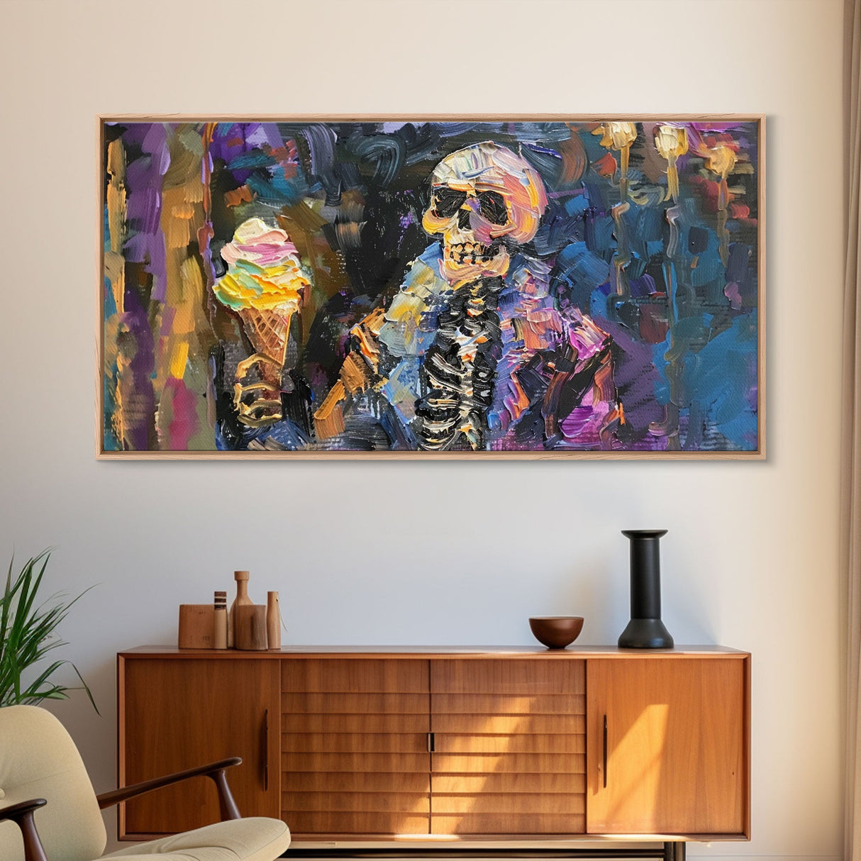 Halloween Art, Skeleton Having an Ice Cream Cone, Framed Canvas Print, Halloween Decor
