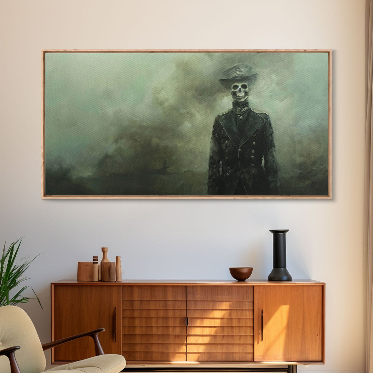 Dapper Skeleton In The Fog, Framed Canvas Print, Halloween Decor, Macabre Dark Academia Wall Art