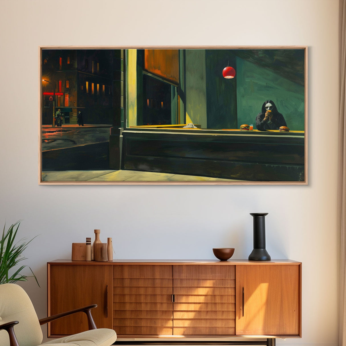 Demon Having a Cheeseburger in a Diner, Funny / Liminal Halloween Art, Framed Canvas Print