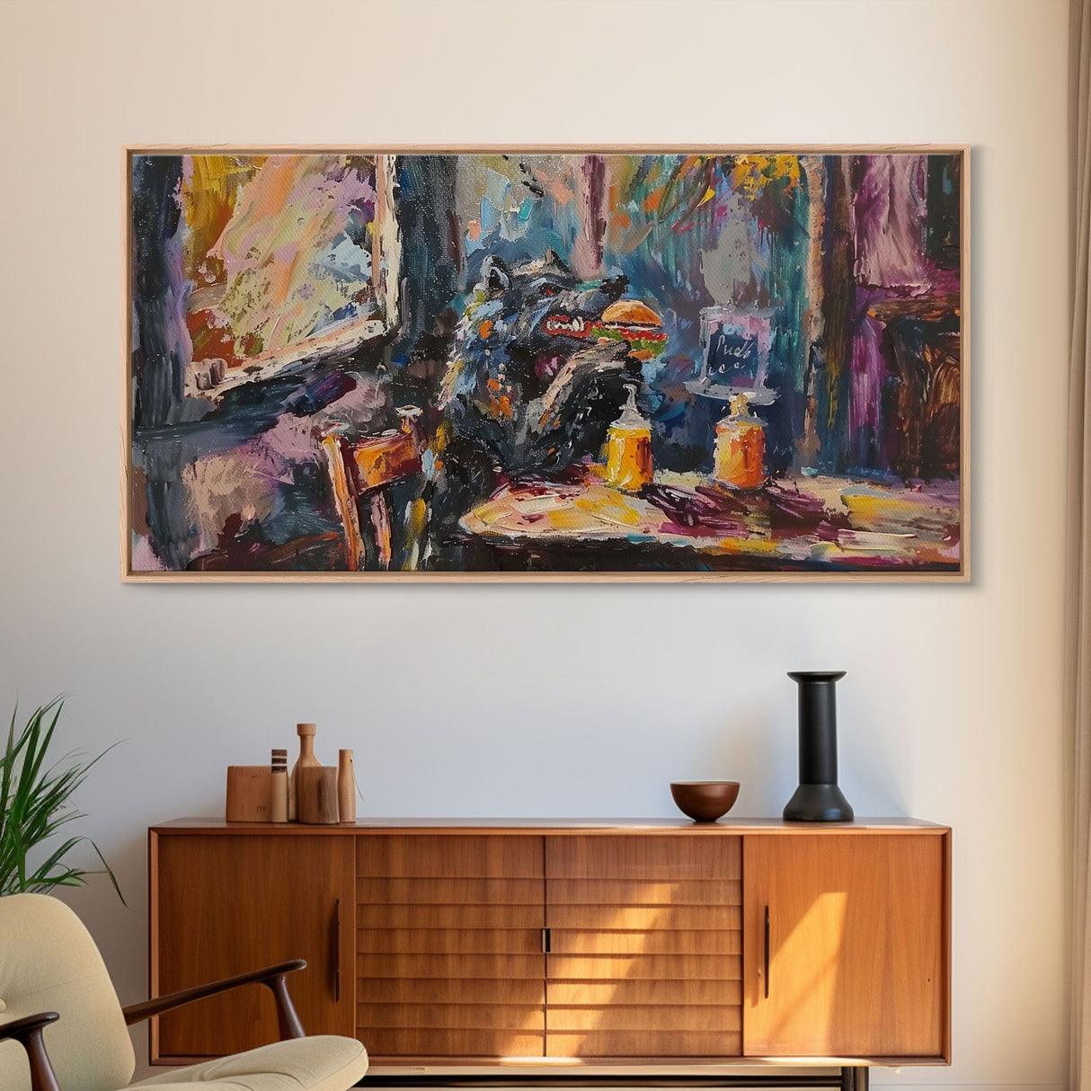 Funny Werewolf Having a Cheeseburger in a diner, framed canvas print, halloween decor