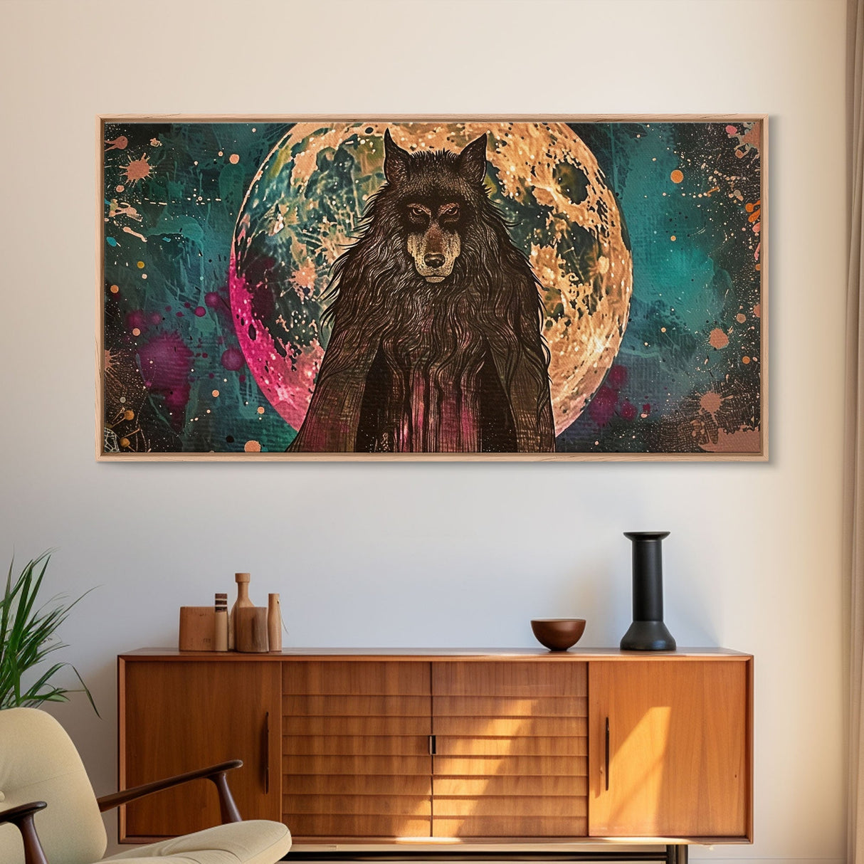 Hooded Werewolf Under The Full Moon, Framed Canvas Print, Wood Frame Halloween Wall Art, Dark Academia