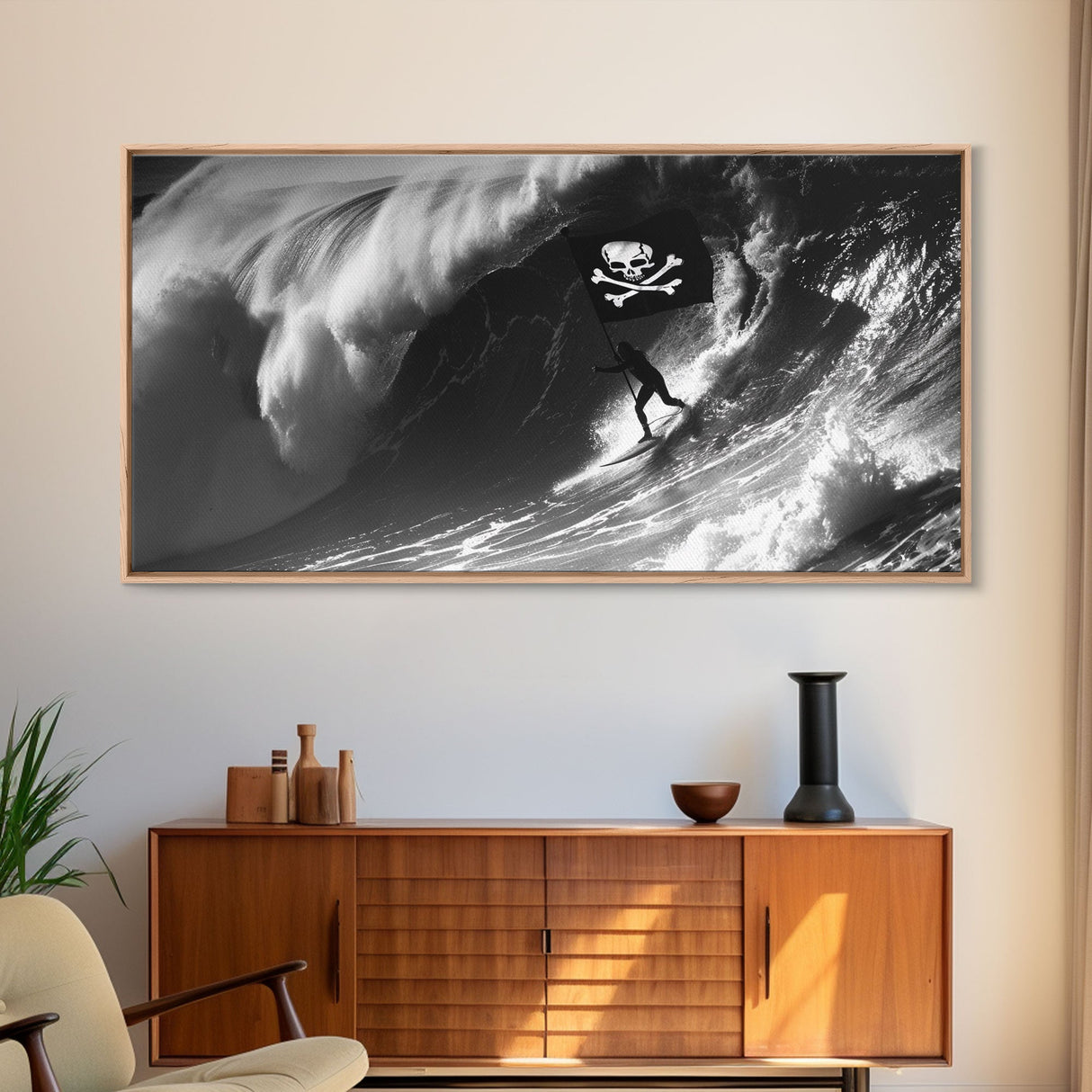Pirate Surf - Framed Canvas Print - Black & White Photography Style Wall Art - Skull and Cross Bones Wall Art - Manly Decor - Mancave