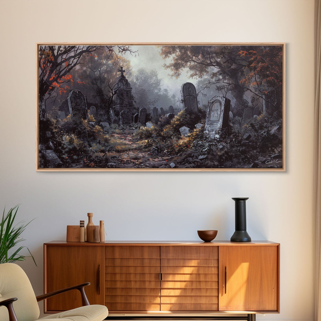 Haunted Cemetery Halloween Prop Framed Canvas Print | Spooky Season | Spooky Wall Art | Halloween Decor | Creepy Art Prints