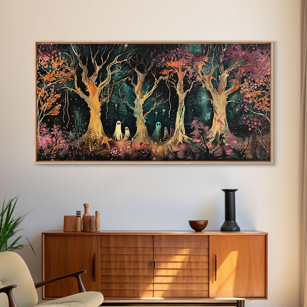 Spooky Ghosts in The Trees | Framed Canvas Print | Spooky Season | Creepy Art | Dark Academia | Halloween Products | Halloween Prop