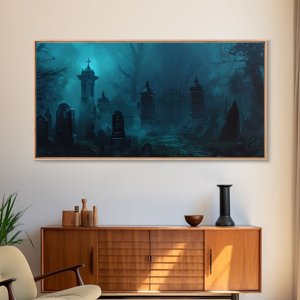 Spooky Vibes Halloween Art Framed Canvas Print, Dark Academia Oil Painting