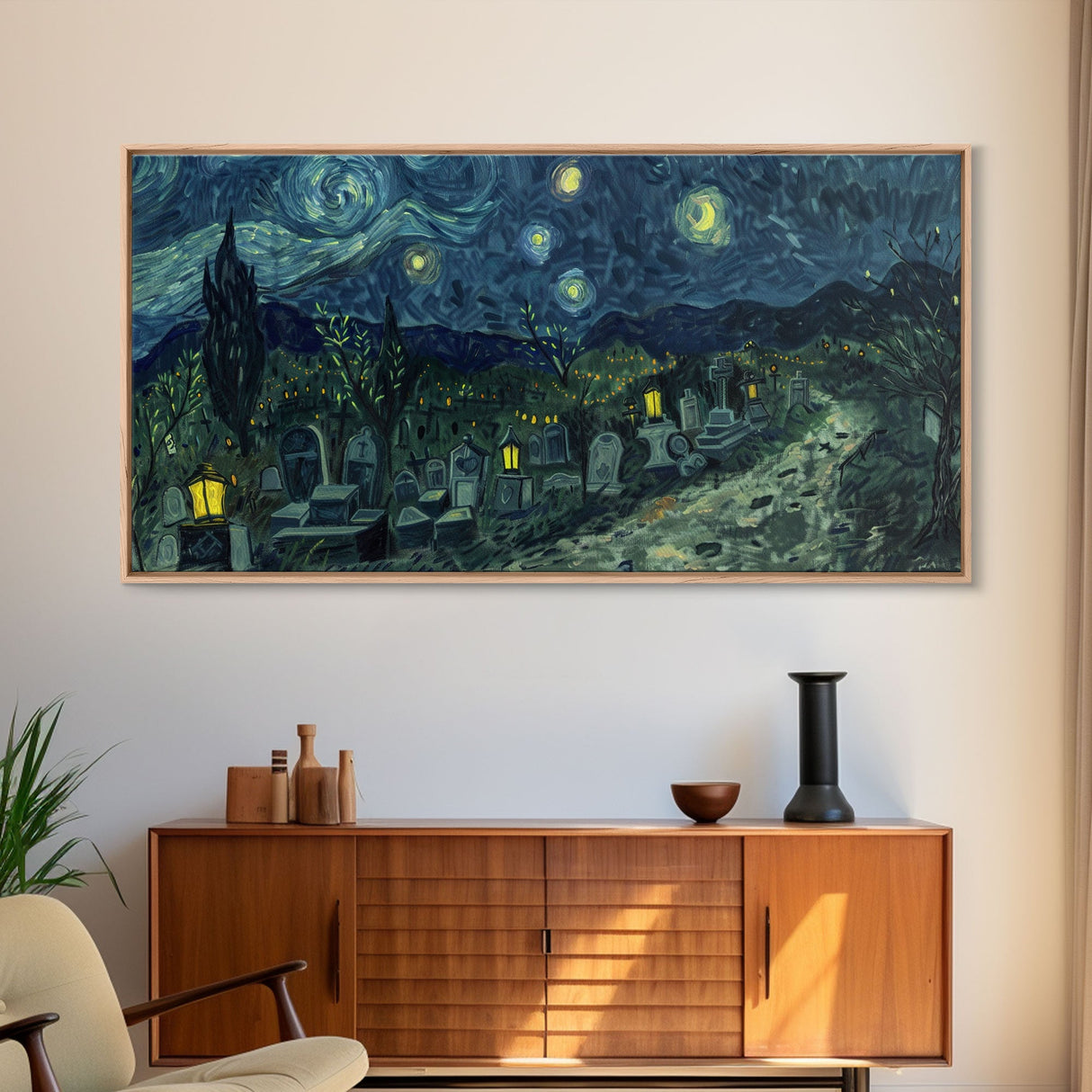 Starry Night Inspired Haunted Cemetery, Framed Canvas Print, Spooky Season Gift Idea, Halloween Decor, Halloween Prop