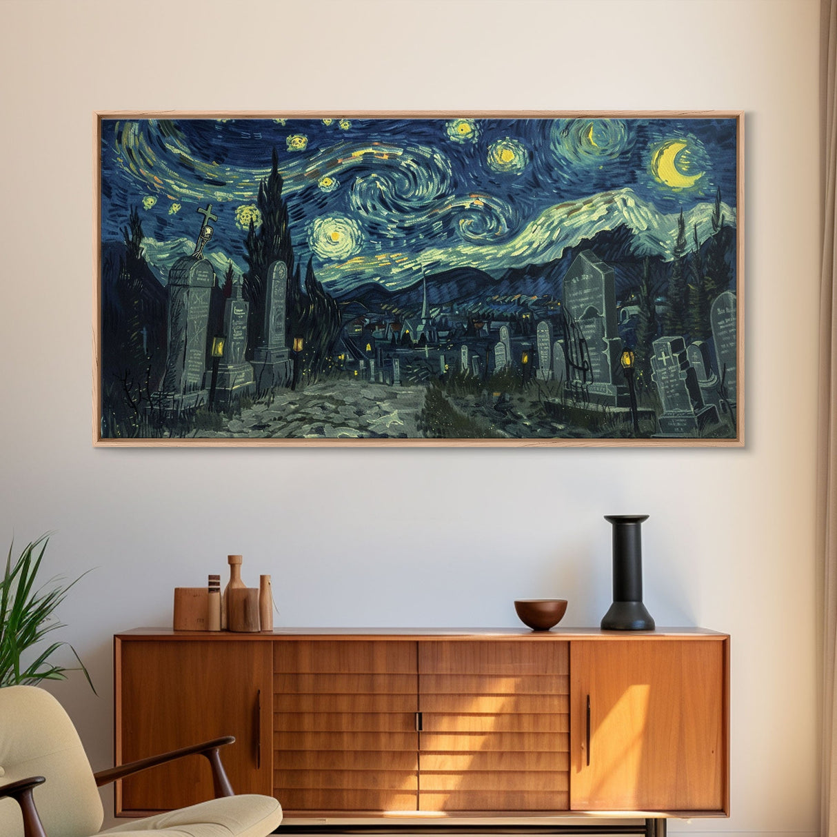 Haunted Graveyard Framed Canvas Print, Starry Night Van Gogh Inspired Halloween Decor, Spooky Vibes Halloween Gift