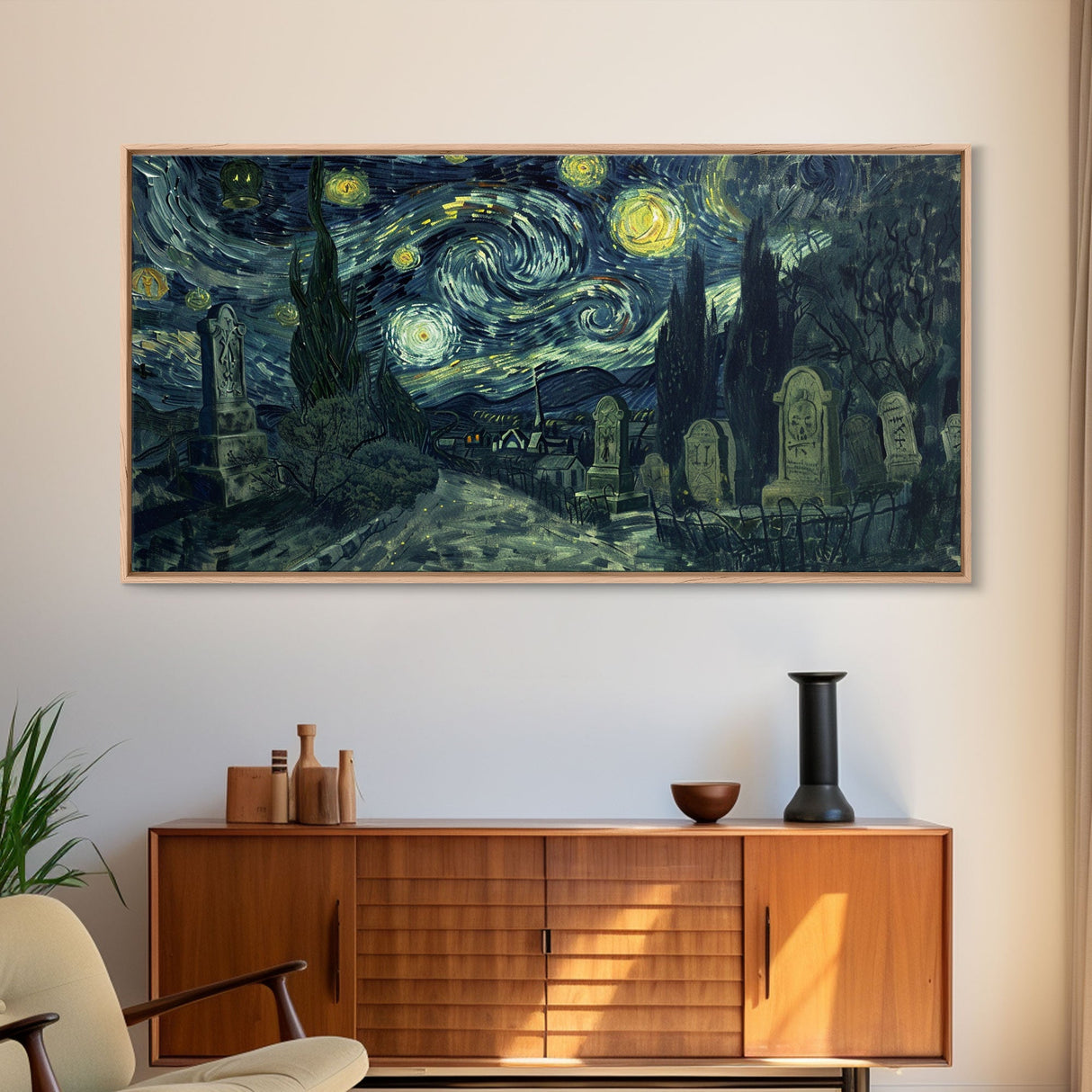 Spooky Vibes Cemetery Grave Yard, Framed Canvas Print, Halloween Decor, Spooky Month Wall Art