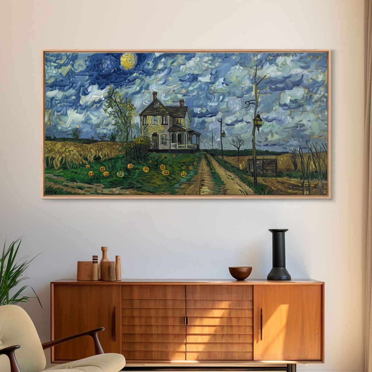 Haunted Countryside, Framed Canvas Print, Spooky Starry Night Inspired Halloween Wall Art