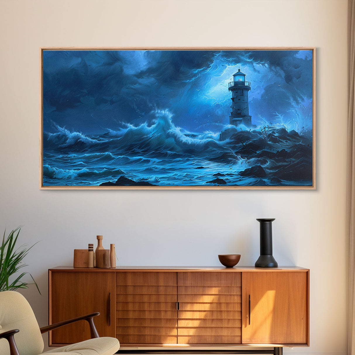Lighthouse and the Storm, Framed Canvas Print, Unique Halloween Wall Art, Nautical Decor