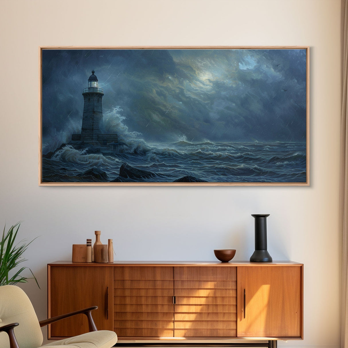 Lighthouse and the Storm, Framed Canvas Print, Unique Halloween Wall Art, Nautical Decor