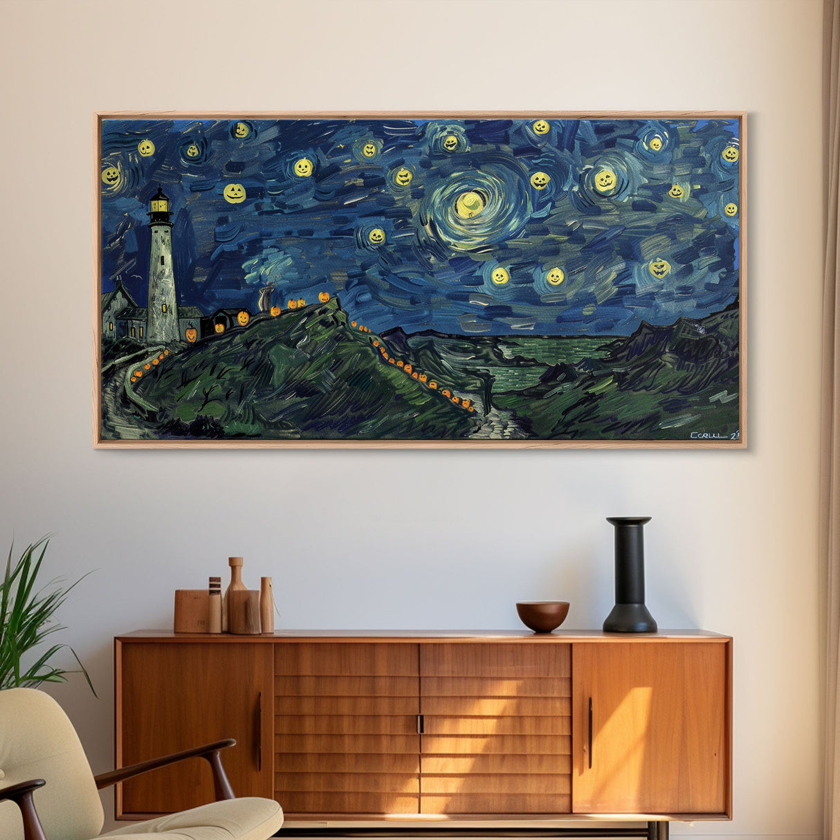 Lighthouse and the Storm, Framed Canvas Print, Unique Halloween Wall Art, Nautical Decor, Starry Night Inspired Wall Art