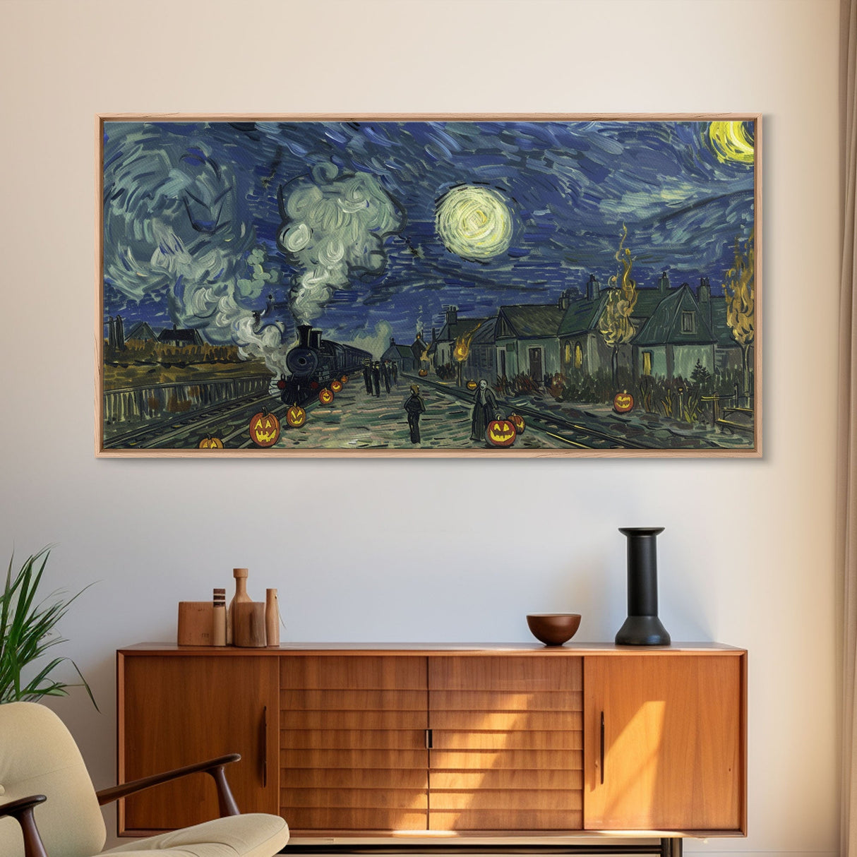 Starry Night Inspired Haunted Steam Train, Framed Canvas Print, Spooky Halloween Wall Art
