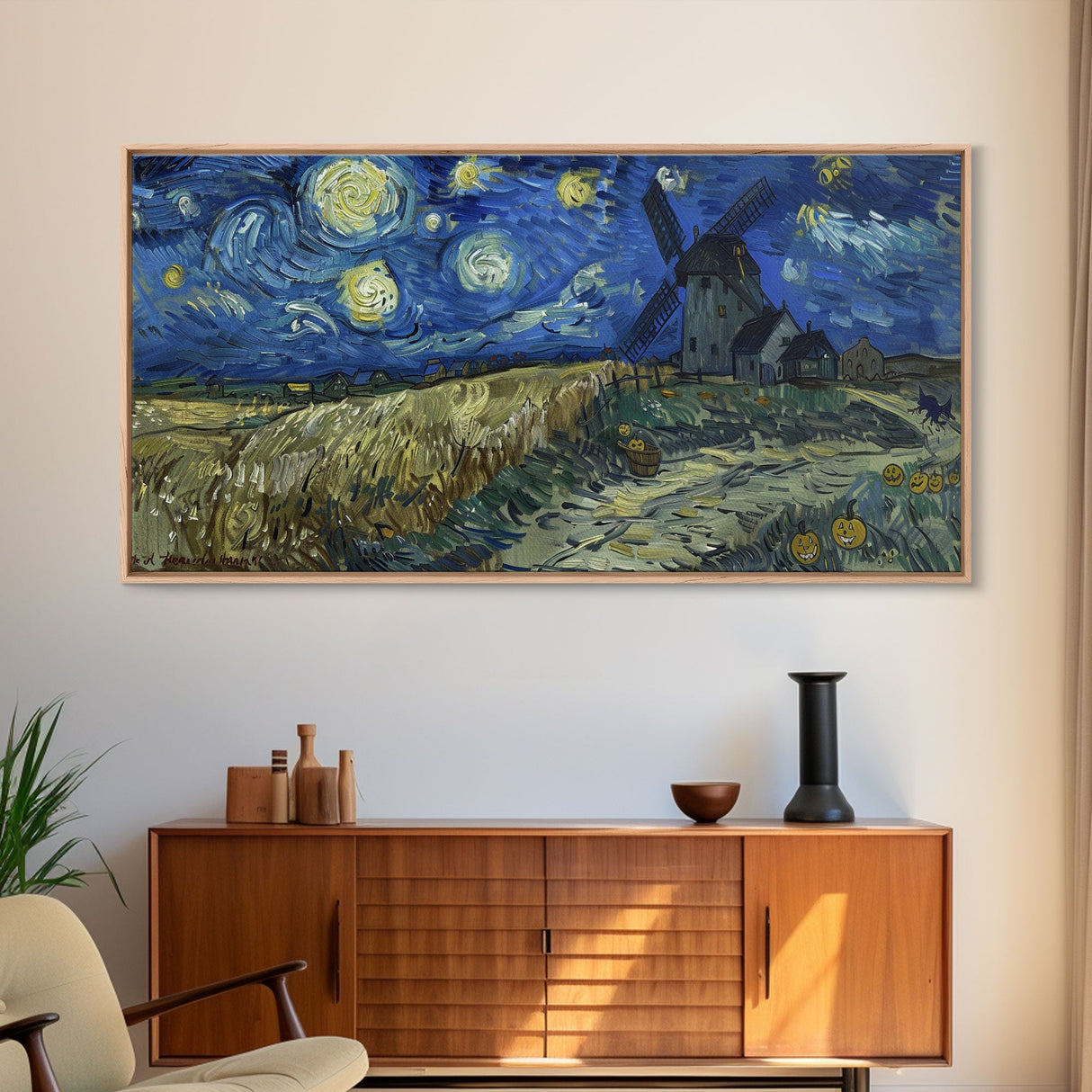 Starry Night Inspired Haunted Wind Mill, Framed Canvas Print, Spooky Halloween Wall Art