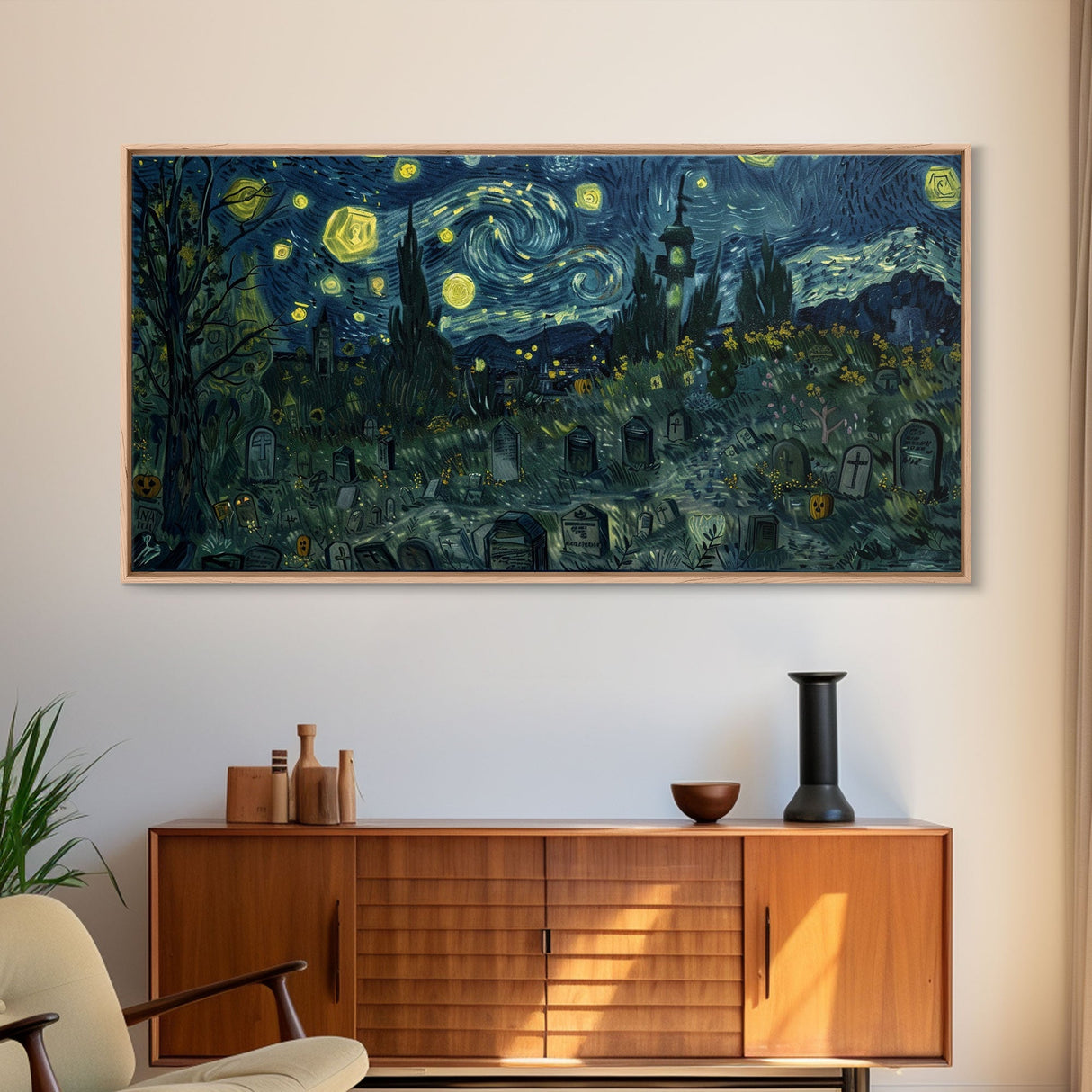 Starry Night Inspired Haunted Graveyard Framed Canvas Print, Halloween Wall Decor, Halloween Props, Halloween Gift Idea