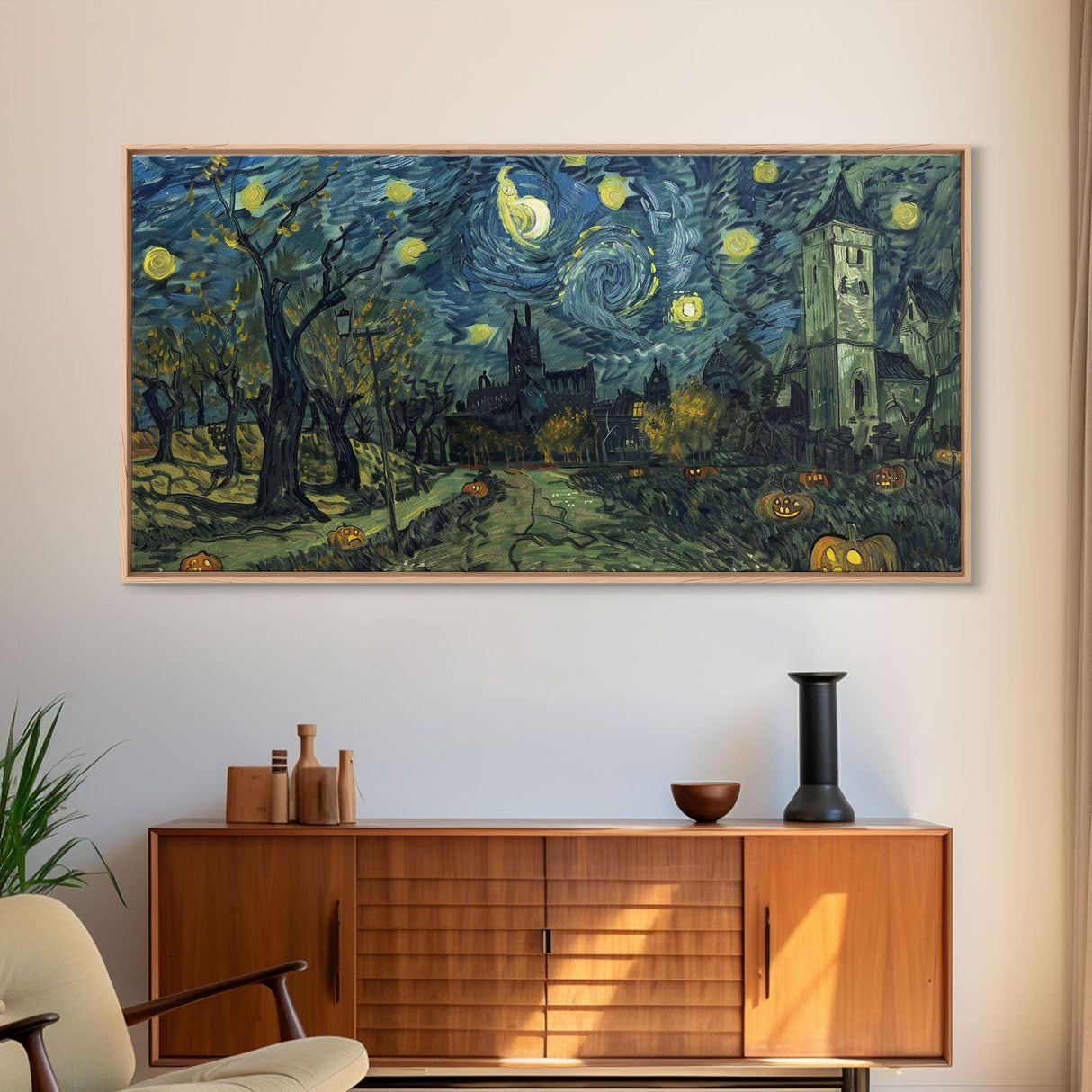Haunted Halloween Cemetary, Starry Night Inspired Halloween Decor, Framed Canvas Print, Halloween Props