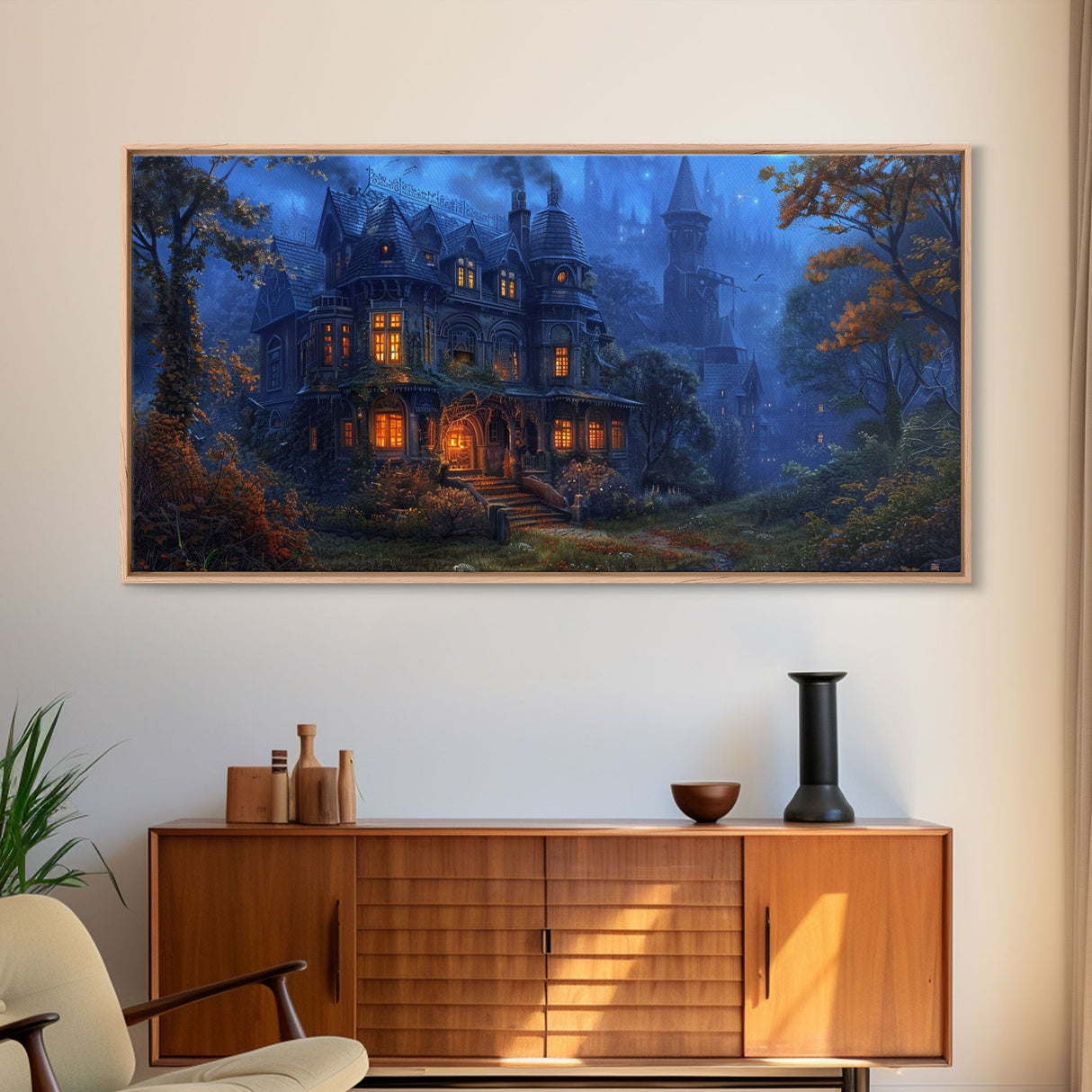 Dark Academia Victorian Mansion Framed Canvas Print, Victorian Oil Painting, Spooky Vibes Halloween Wall Art