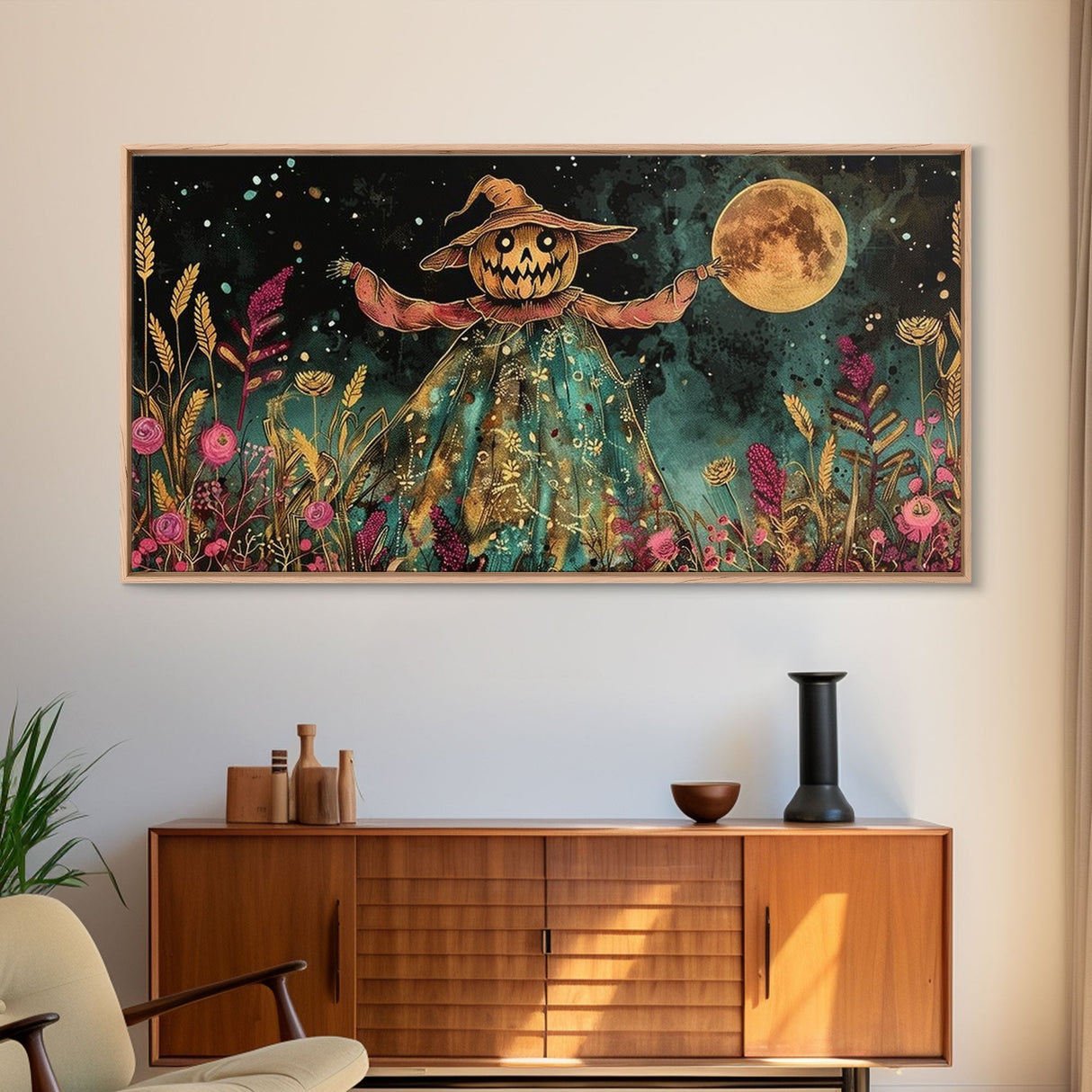 Spooky Jack O' Lantern Scarecrow, Framed Canvas Print, Dark Academia, Halloween Decor, Spooky Season Wall Art