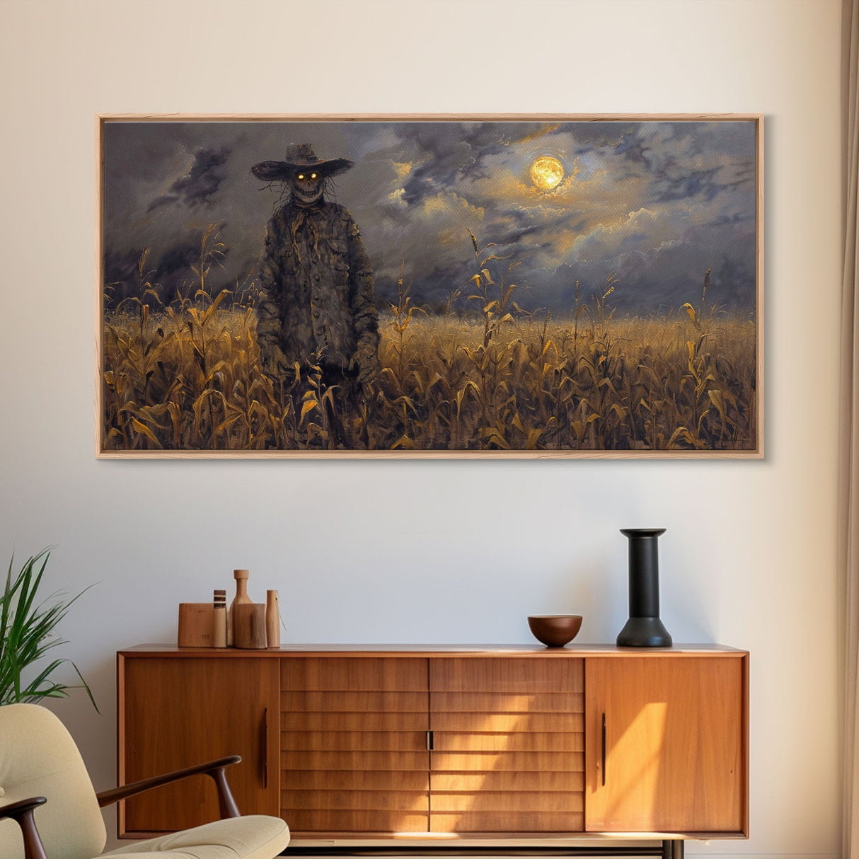 Scarecrow Under A Full Moon - Framed Canvas Print - Spooky Wall Art - Halloween Decor