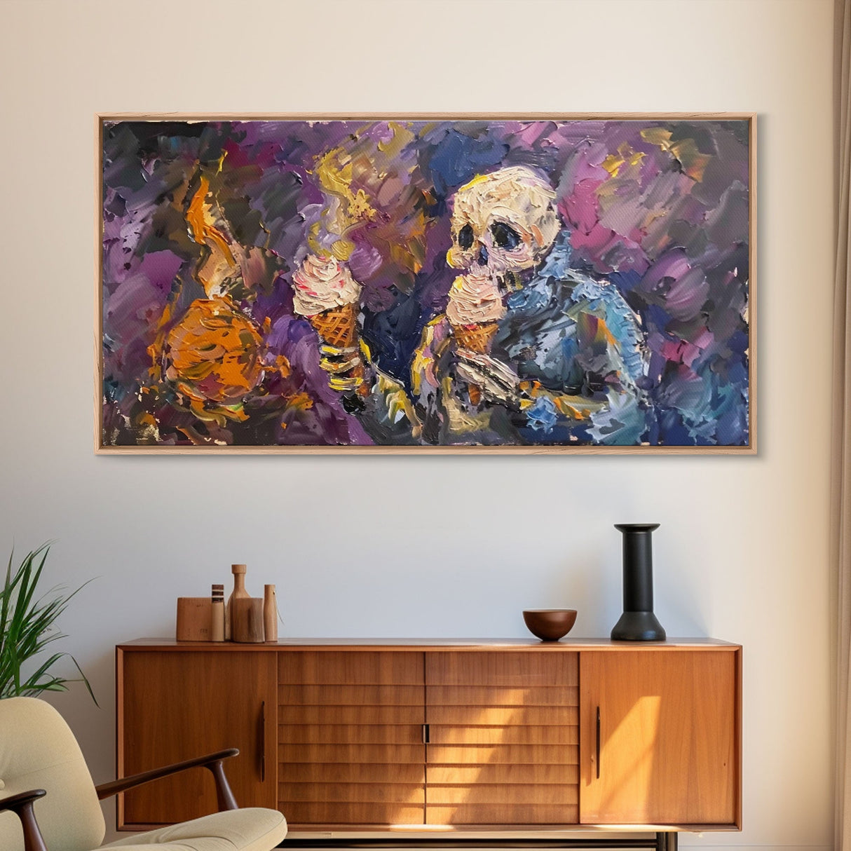 Spooky Skeleton having TWO ice cream cones! Why does he need two? Halloween Art, Framed Canvas Print