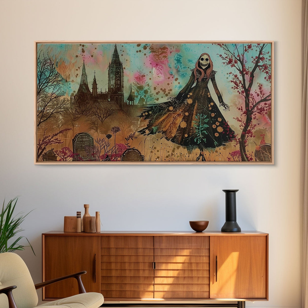 Grinning Banshee In A Cemetery Framed Canvas Print - Spooky Wall Art - Halloween Decor