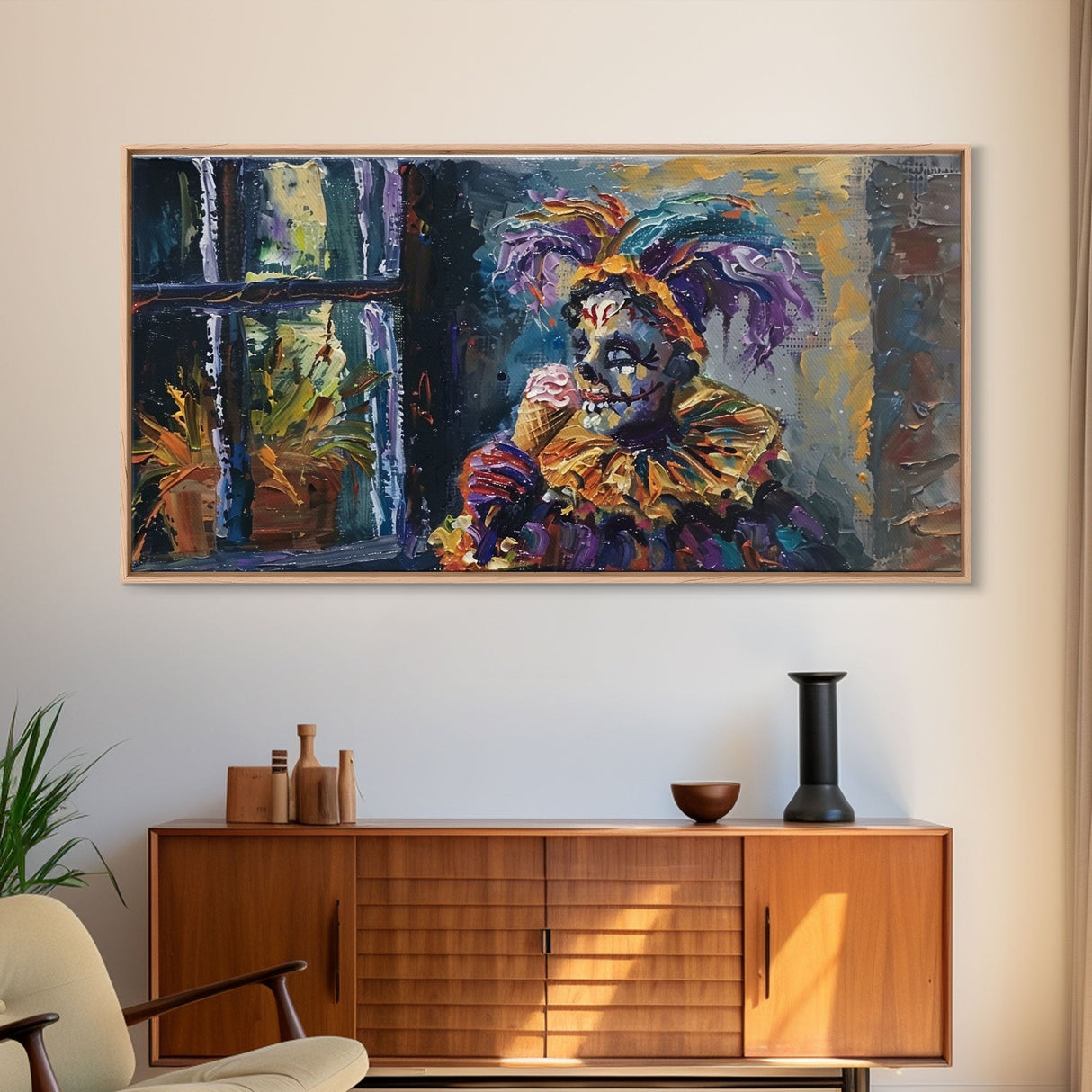 Spooky Court Jester Having an Ice Cream, Funny Halloween Art, Framed Canvas Print