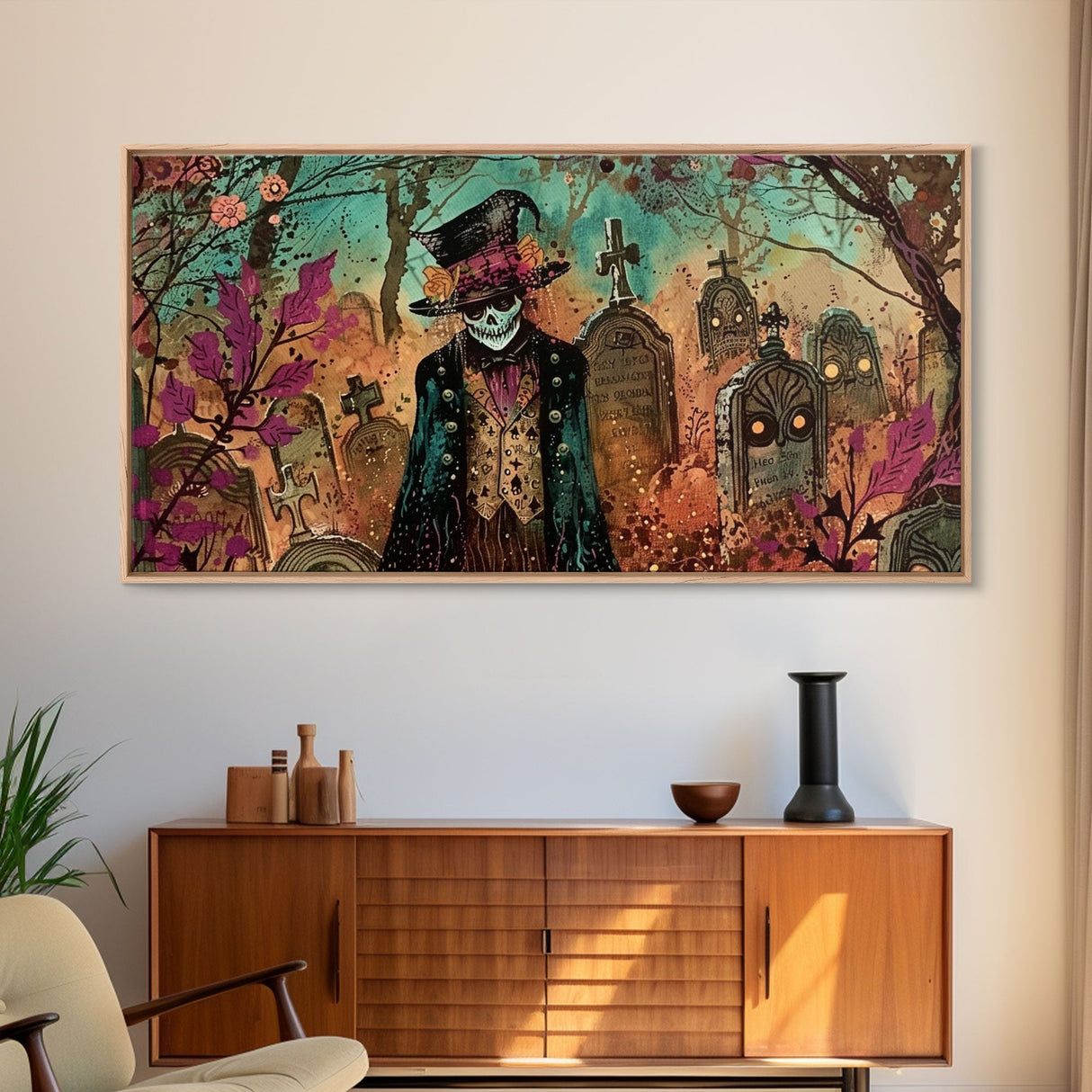 Spooky Ghost In A top hat, Framed Canvas Print, Halloween Decor, Spooky Vibes Wall Art