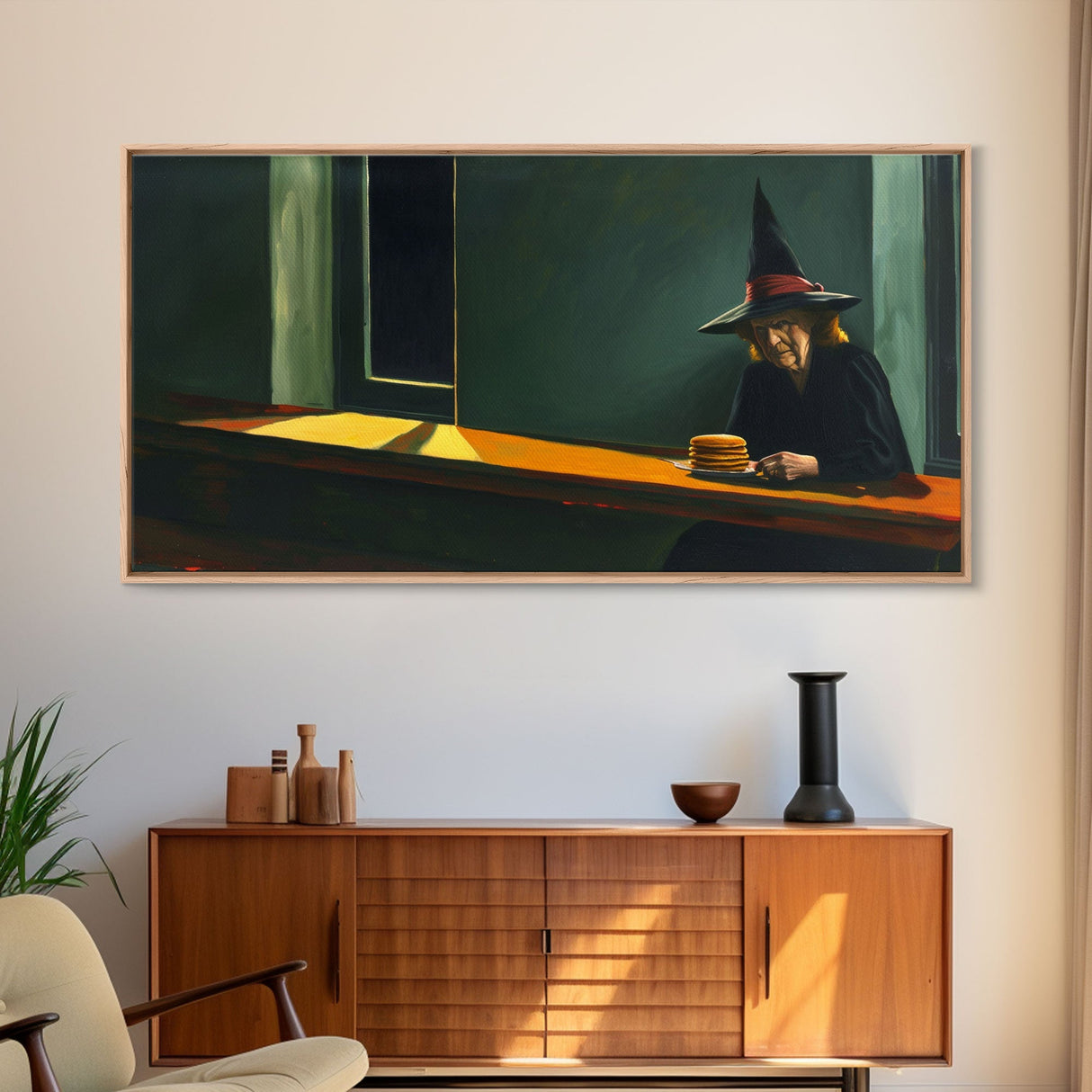 Sad Old Witch Having Some Pancakes, Funny Halloween Art, Framed Canvas Print, Liminal Art