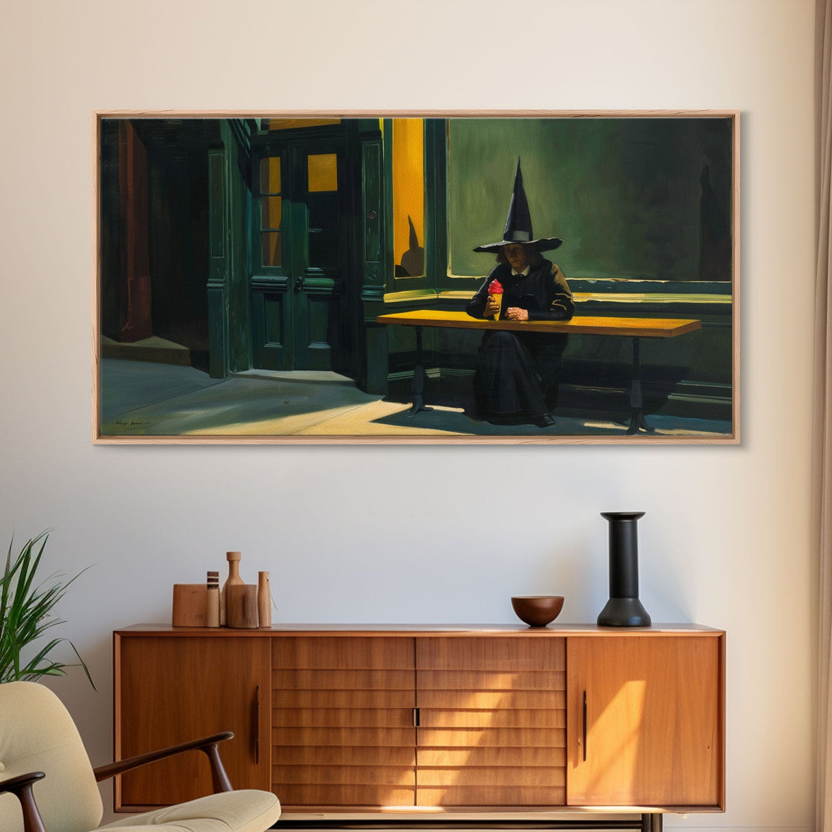 Sad Witch Having an Ice Cream Cone, Funny Halloween Art, Framed Canvas Print, Liminal Art