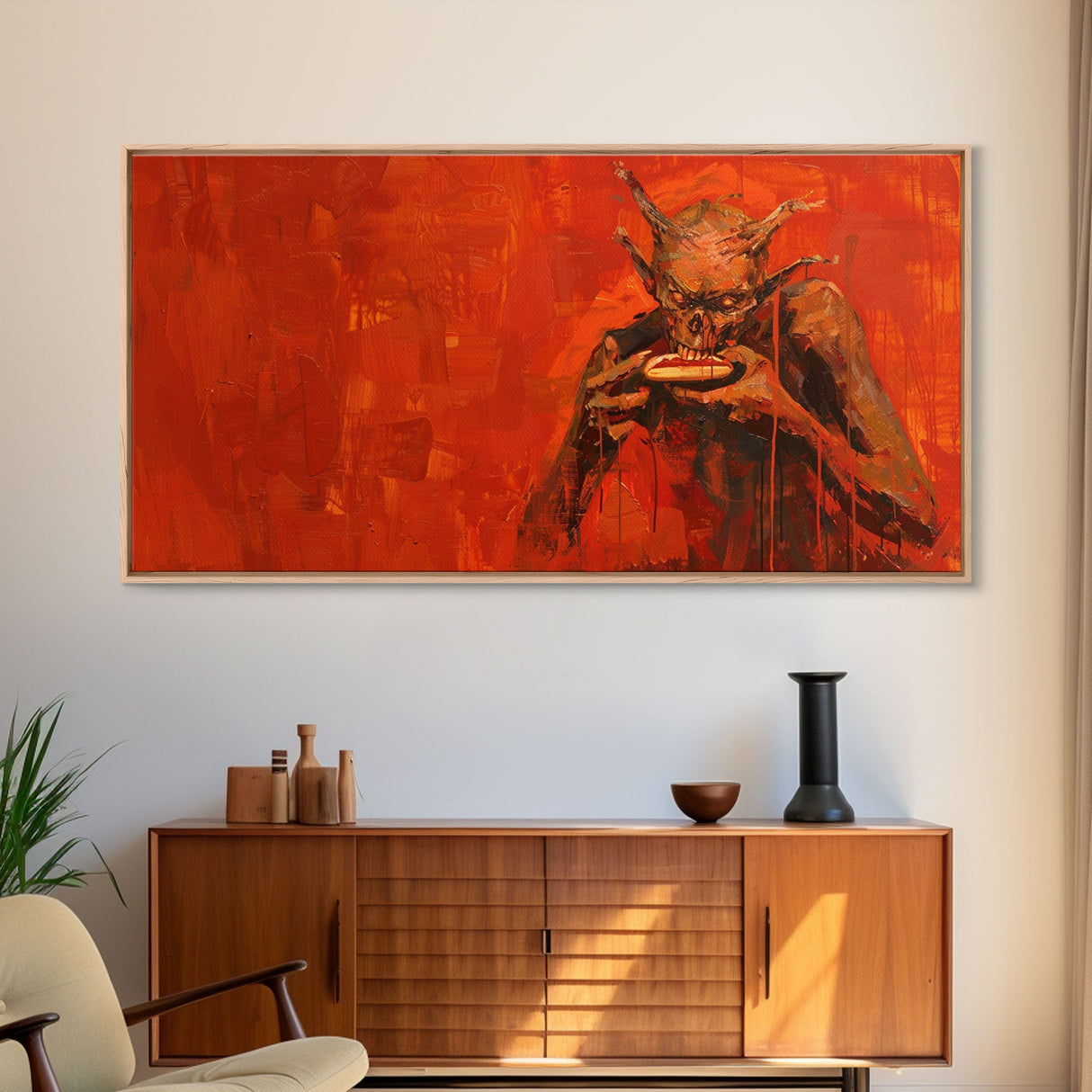 Scary Demon Having a Hot Dog, must be a baseball fan. Funny Halloween Wall Art Framed Canvas Print