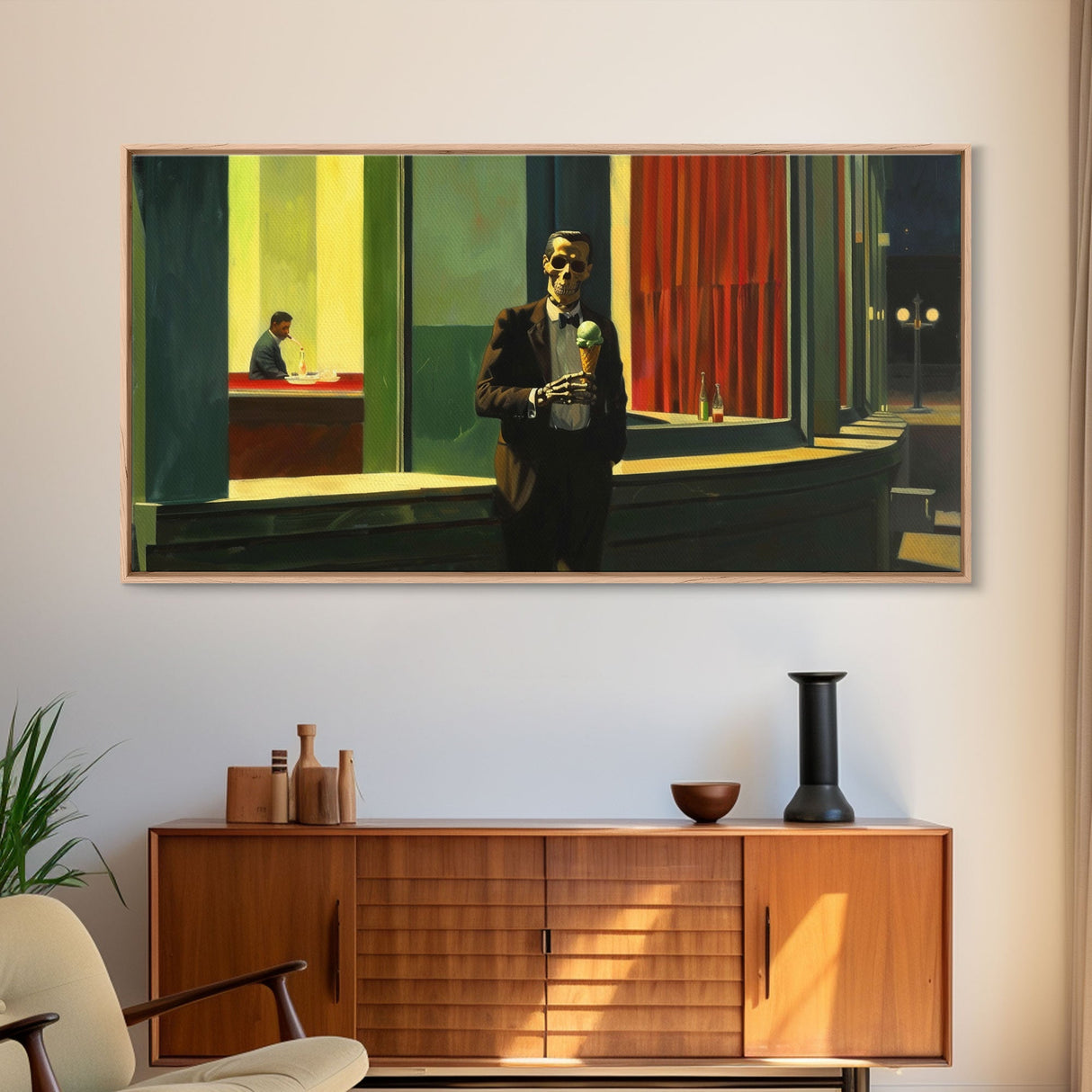 Liminal Halloween Art, Skeleton Having an Ice Cream Cone, Framed Canvas Print, Halloween Decor