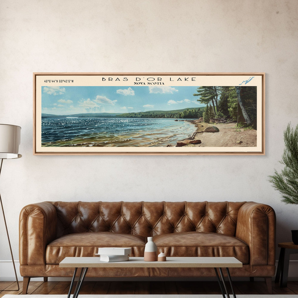 Bras d'Or Lake Framed Canvas Print, Panoramic Lake House Decor, Wall Art, Travel Poster, Rustic Lake Painting, Home Decor