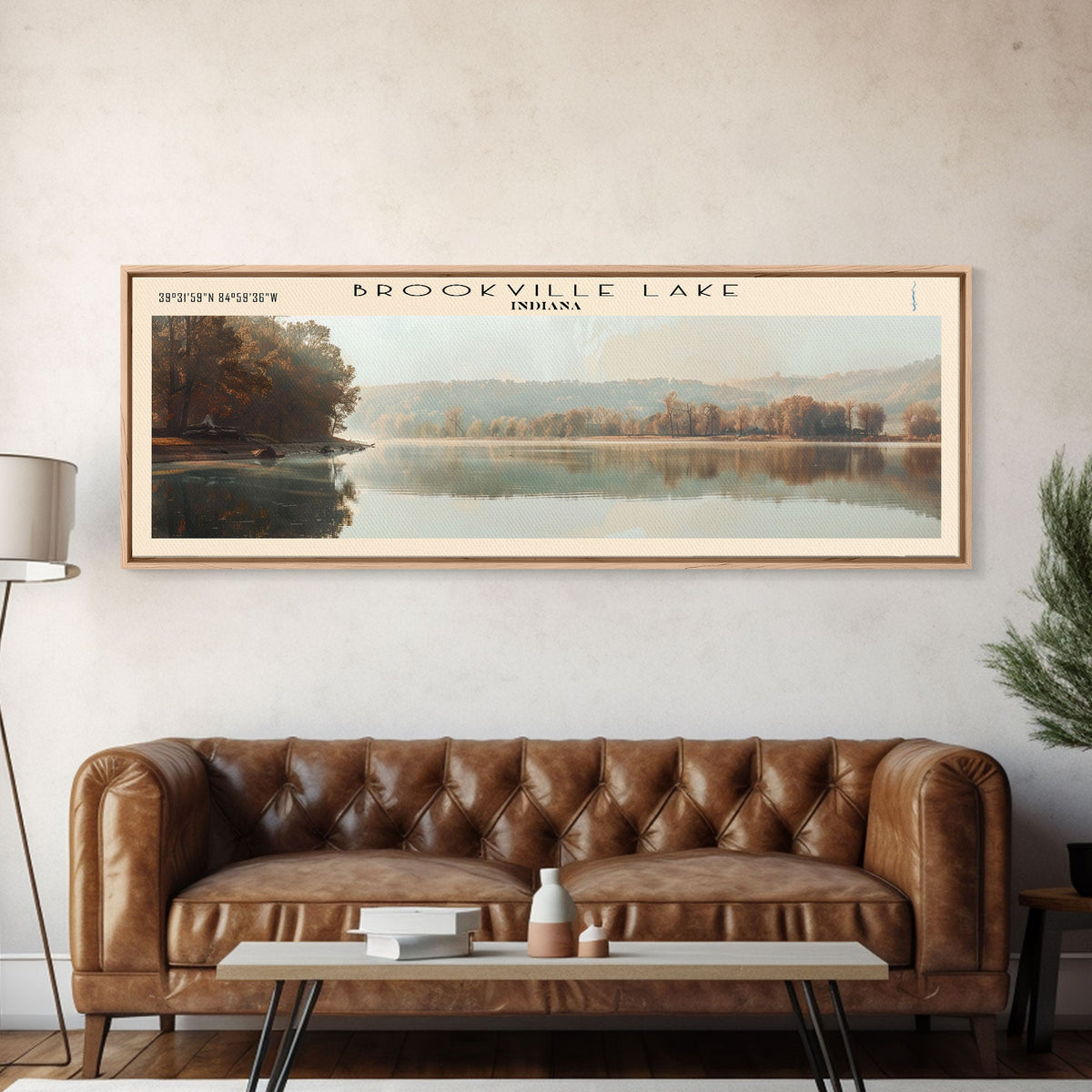 Brookville Lake Indiana Framed Canvas Print, Lake House Decor, Panoramic Wall Art, Travel Poster, Rustic Lake Painting, Nature Art
